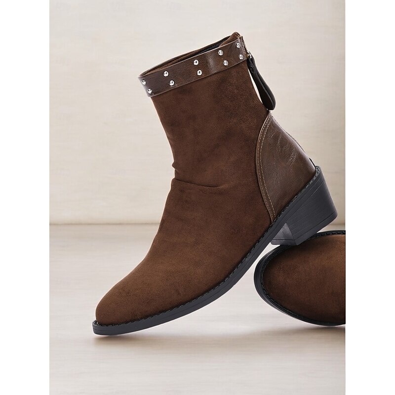 Women's Brown Suede Ankle Boots with Studded Faux Leather Straps – Western-Inspired Low Heel Boots for Casual and Outdoor Wear2