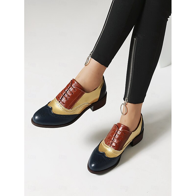 Women's Tri-Color Brogue Oxford Shoes with Wingtip Design and Low Heel - Vintage Formal Footwear for Office and Special Occasions4