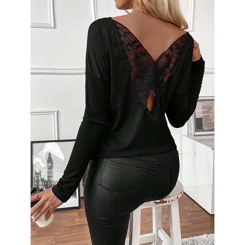 Women's Elegant Lace Tops Eyelet Sexy Blouse Casual Solid Color Regular Tops Long Sleeve Crew Neck Lace Patchwork Regular Fit Daily Black Romantic Petite Tops Summer Holiday Wear Evening Tops2