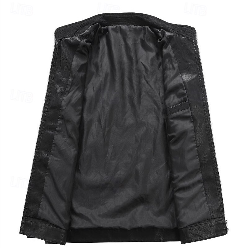 Men's Faux Leather Jacket Transition Jacket Biker Jacket Motorcycle Jacket Vacation Daily Windproof Warm Pocket Fall & Winter Plain Fashion Classic Stand Collar Regular Faux Leather Black Blue Jacket4