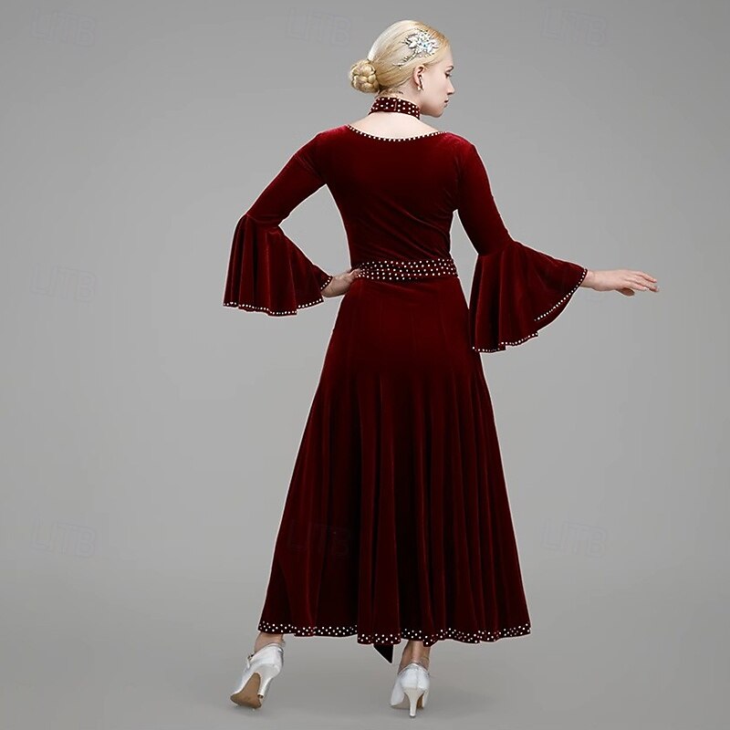 Ballroom Dance Dress Splicing Crystals / Rhinestones Women's Performance Party Long Sleeve Pleuche2