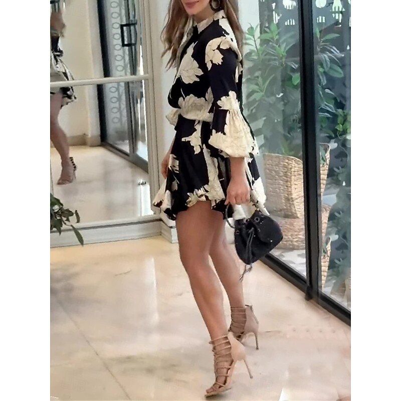 Women's Floral Stand Collar Mini Dress Long Sleeve Summer Spring4