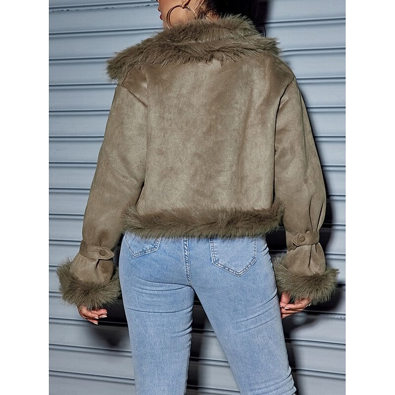 Women's Winter Coat Outdoor Street Daily Wear Fall Winter Short Coat Regular Fit Thermal Warm Breathable Stylish Casual Jacket Long Sleeve Plain Faux Fur Trim Green2