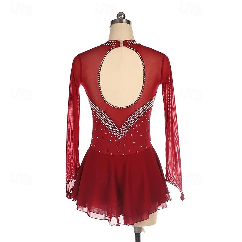 Figure Skating Dress Long-Sleeved Ice Skating Skirt leotards Spandex Women's girl's AB rhinestones3