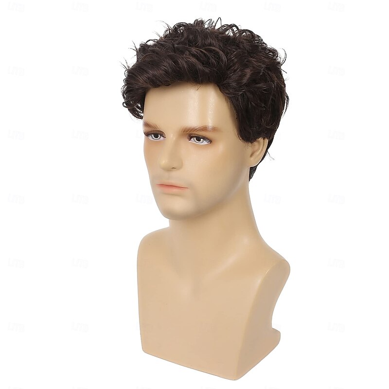Mens Short Curly Brown Wig Synthetic Halloween Party Cosplay Costume Full Wigs for Men4