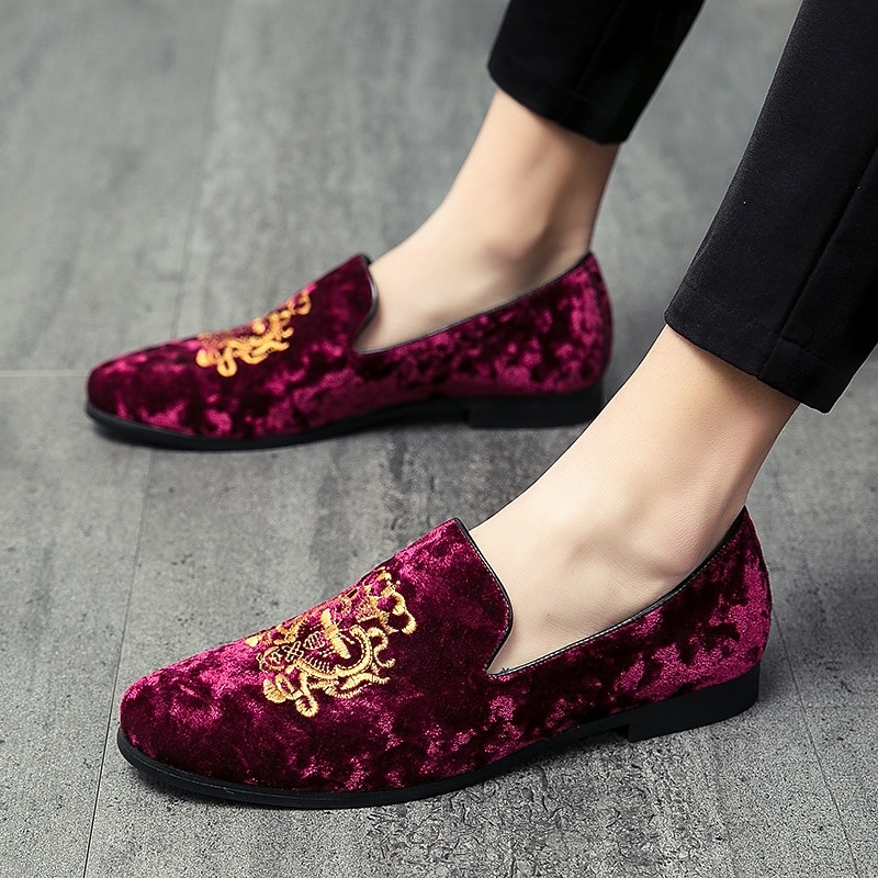 Men's Elegant and Sophisticated Burgundy Velvet Loafers with Embroidered Design - Perfect for Weddings or Special Events4