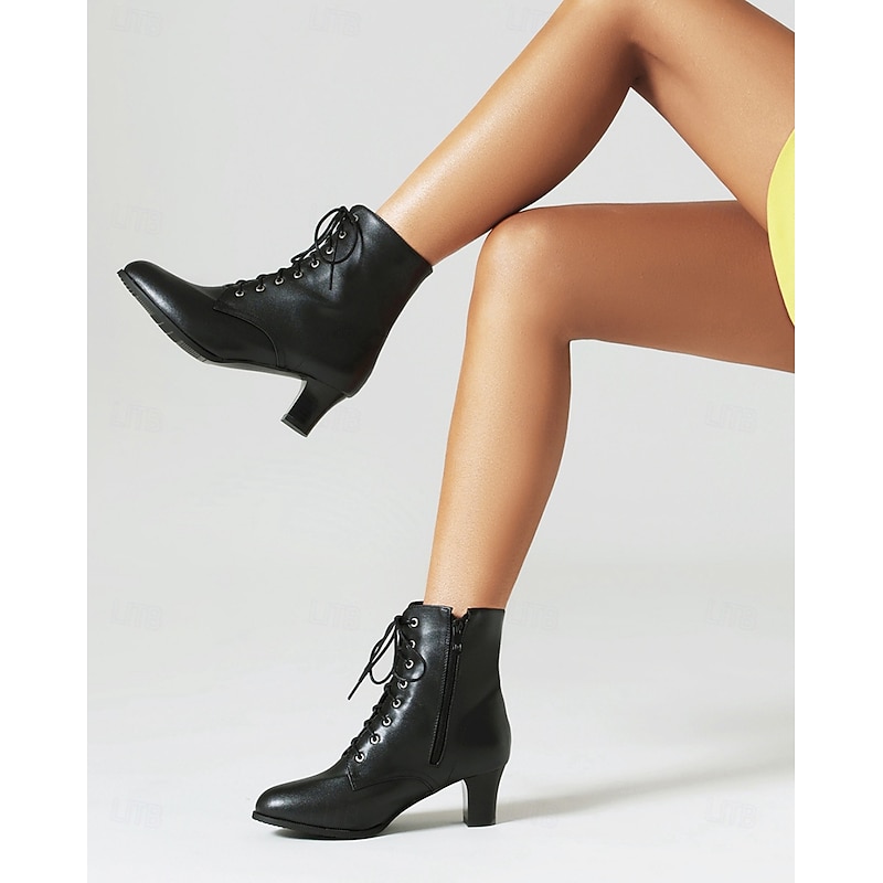 Women's Black Lace-Up High Heel Ankle Boots with Metal Eyelet Details and Sturdy Soles – Perfect for Chic and Versatile Outfits4