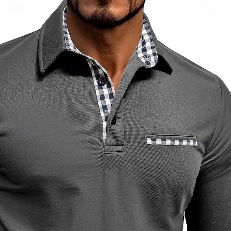 Men's Work Shirt Polo Shirts Street Business Lapel Classic Long Sleeve Fashion Basic Plaid Check Pocket Check Pattern Fall Winter Cross-Seasons Regular Fit Black Burgundy Royal Blue Blue Army Green2