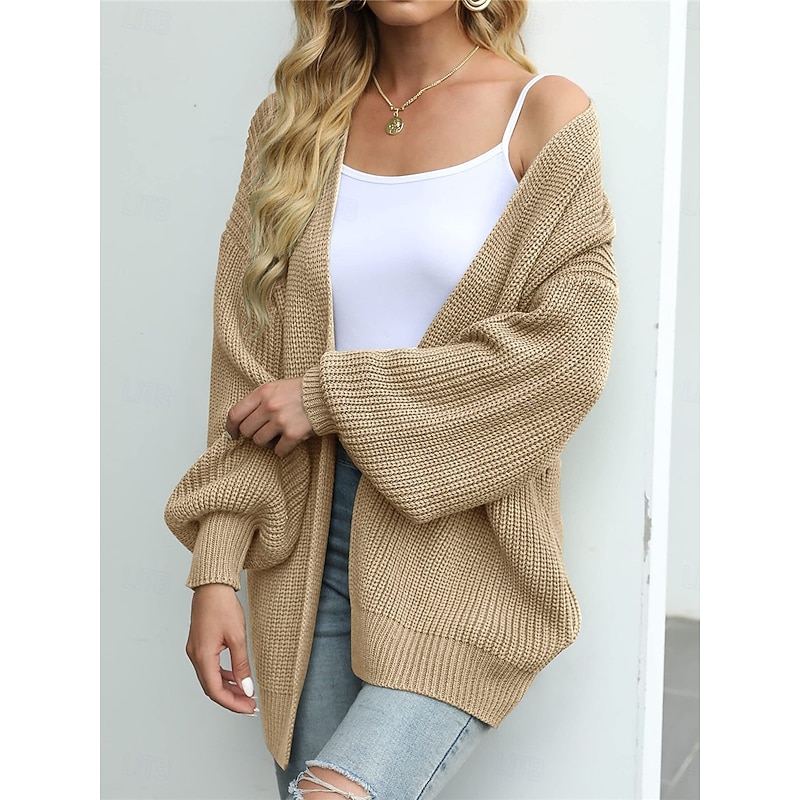 Women's Sweater Cardigan Casual Soft Pure Color Ribbed Open Front Knitted Long Sleeve Regular Tops Knit Outdoor Daily Weekend Khaki Coffee Fall Winter