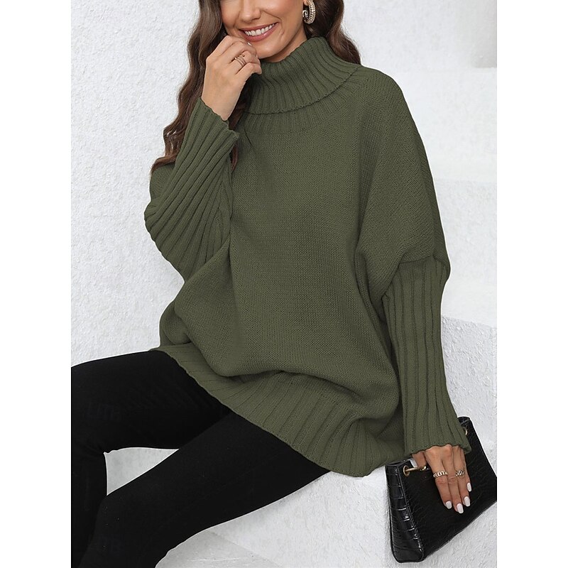 Women's Sweater Casual Soft Pure Color Ribbed Turtleneck Knitted Long Sleeve Regular Tops Knit Outdoor Daily Weekend Navy Blue Green Fall Winter2