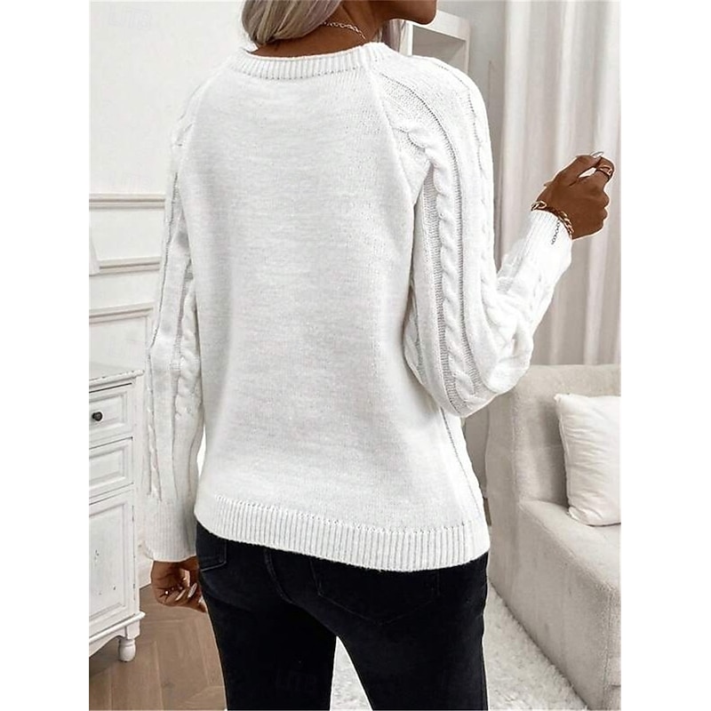 Women's Sweater Casual Soft Pure Color Cable Crew Neck Buttons Knitted Long Sleeve Regular Tops Knit Outdoor Daily Weekend Black White Fall Winter2