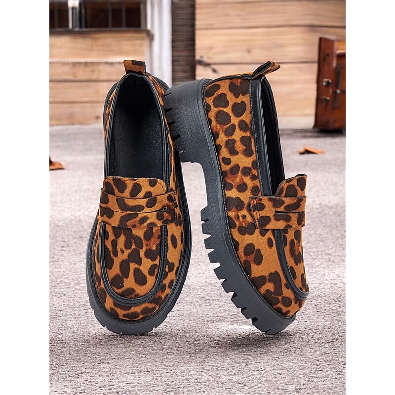 Women's Leopard Print Chunky Loafers - Suede Slip-On Shoes with Rugged Sole, Perfect for Casual and Streetwear Styles 5