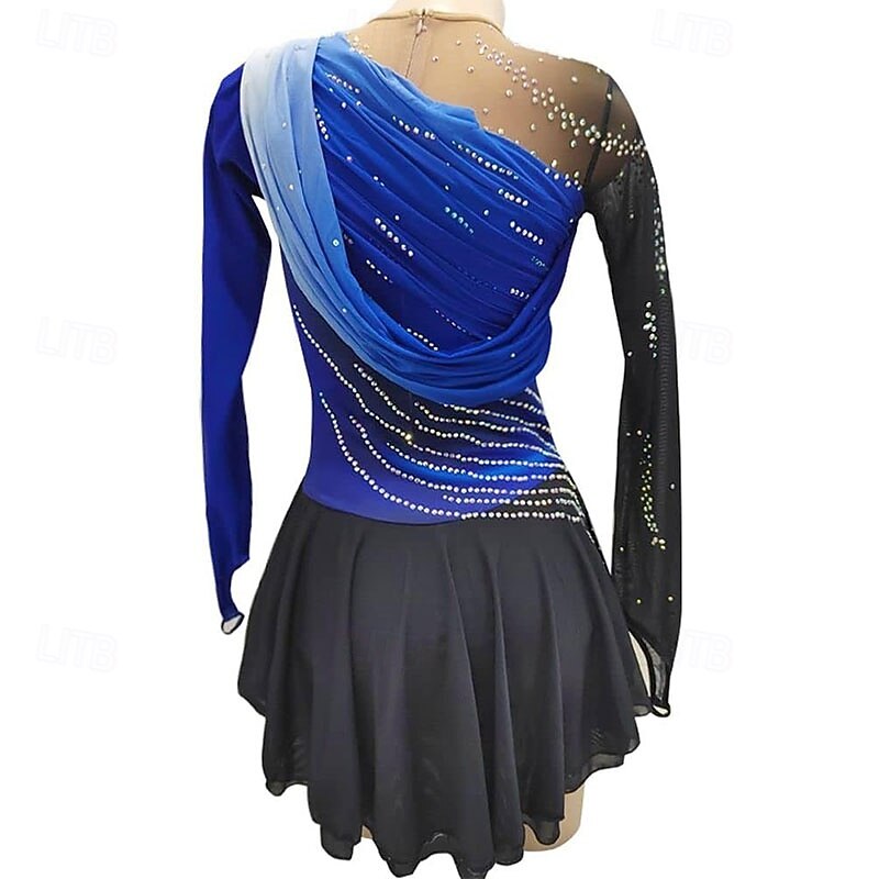 Figure Skating Dress Women's Girls' Ice Skating Dress Blue Black Patchwork High Elasticity Training Competition Skating Wear Classic Crystal / Rhinestone Long Sleeve Ice Skating Figure Skating2