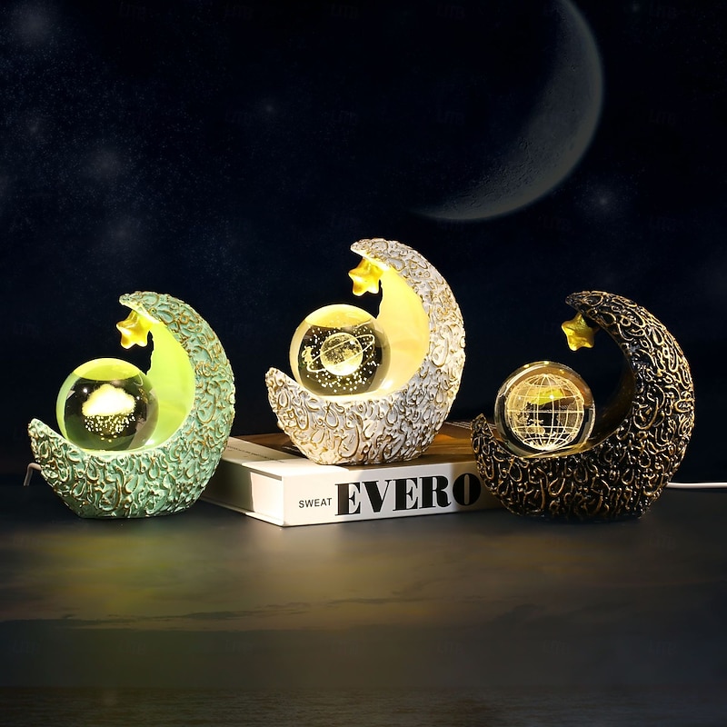 3D Crystal Ball Night Light Warm Light Galaxy Moon Star Glow Inner Carving Ramadan Valentine's Day Gift USB Power Supply 1pc