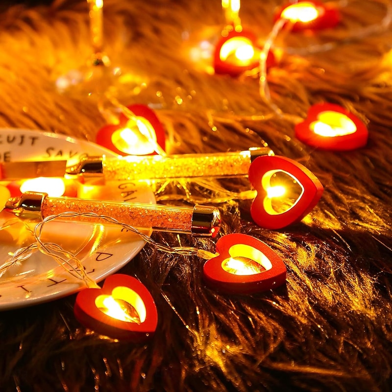 Valentine's Day Wooden Heart String Lights LED Fairy Lights 3m 20LED Hanging Wood Love Lights Lamp Battery Operated Valentine's Day Decorations for Bedroom Festival Birthday Wedding3