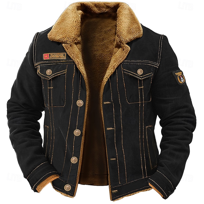 Men's Embroidered Fleece Jacket Cargo Jacket Turndown Collar Long Sleeve Military Tactical Jacket Vintage Thermal Warm Winter Outwear Multiple Pockets Button Front Cotton Coat Black Army Green2