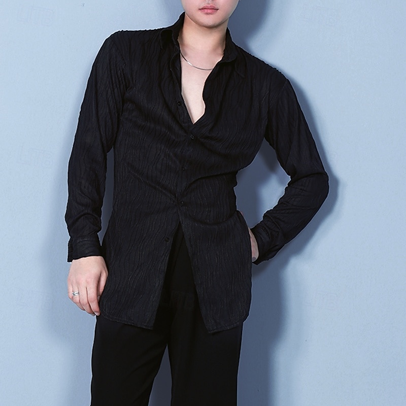 Latin Dance Top Pure Color Men's Performance Daily Wear Long Sleeve Knit3