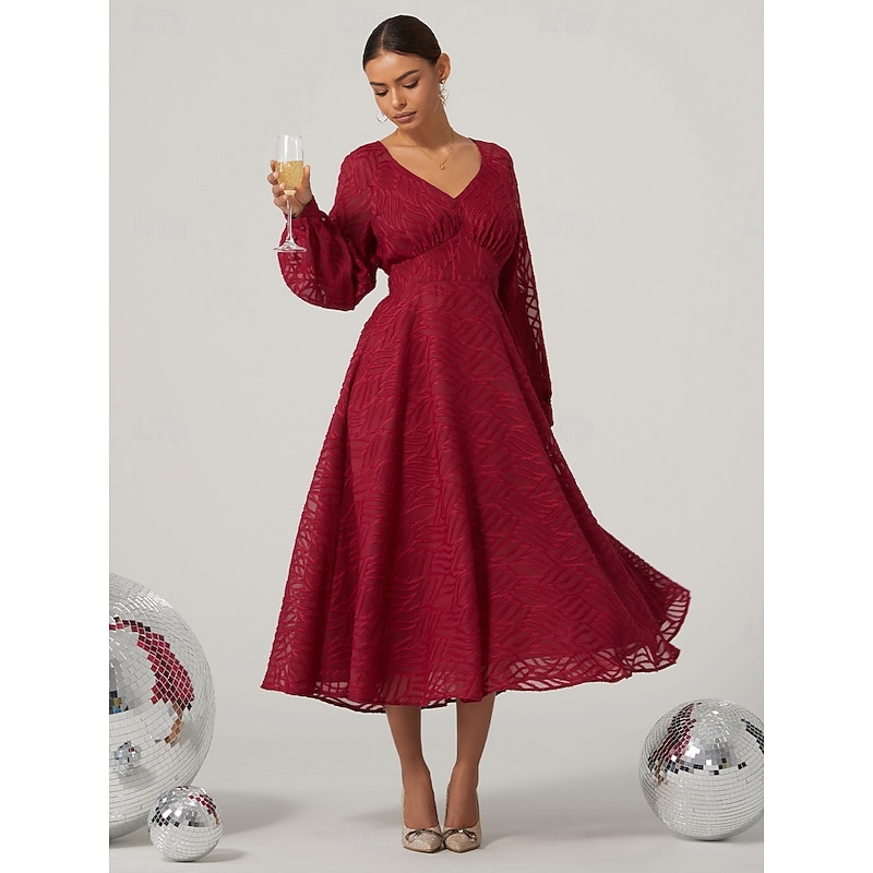 Women's Midi Dress Lace Dress Vintage Dress Elegant Vintage Formal Party Regular Fit Long Sleeve V Neck Wine Fall Winter