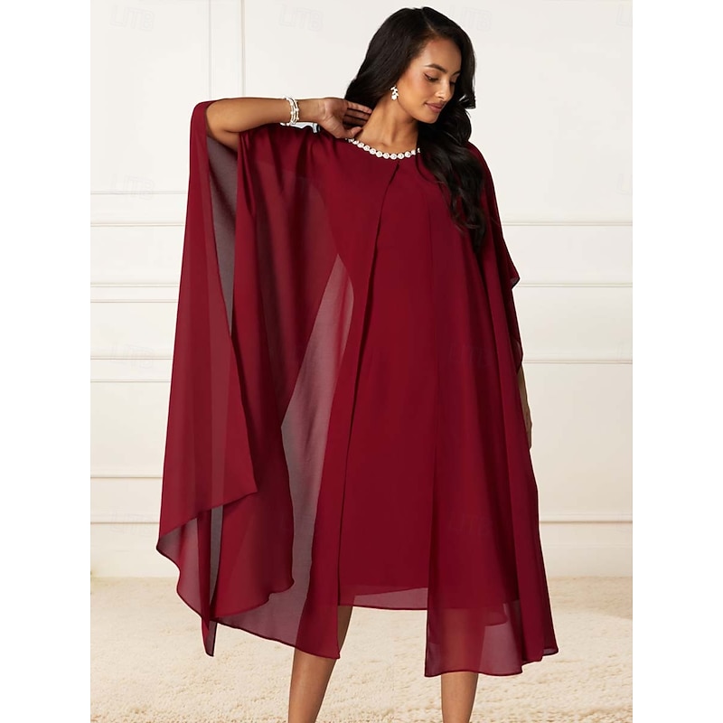 Women's Tea Length Prom Dress Elegant Cocktail Party Regular Fit Half Sleeve Crew Neck Red Summer Spring3