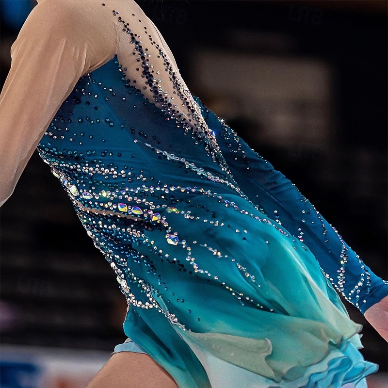 Figure Skating Dress Women's Girls' Ice Skating Dress Blue and Navy Patchwork Thumbhole Mesh Spandex Stretchy Training Practice Professional Skating Wear Thermal Warm Crystal / Rhinestone Long Sleeve3