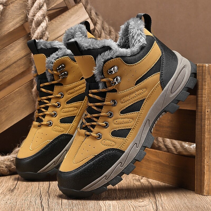 Men's Yellow Hiking Boots with Fur Lining – Waterproof Outdoor Winter Shoes with Anti-Slip Rugged Soles2