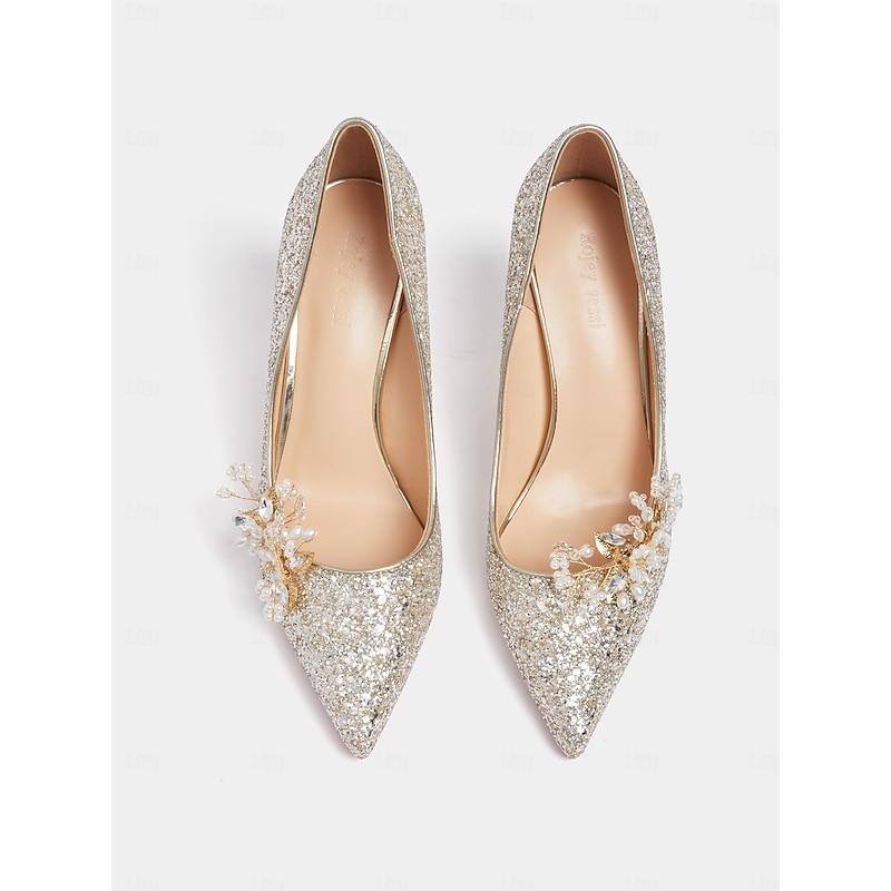 Women's Silver Glitter Stiletto Heels with Floral Embellishments – Elegant Pointed Toe Wedding and Prom Shoes4