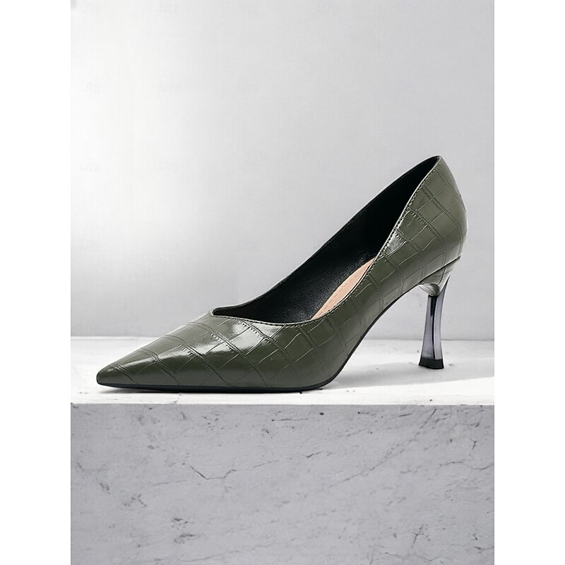 Women's Green Crocodile Embossed Faux Leather Pumps with Stiletto Heel and Pointed Toe - Elegant and Versatile for Work or Night Out4