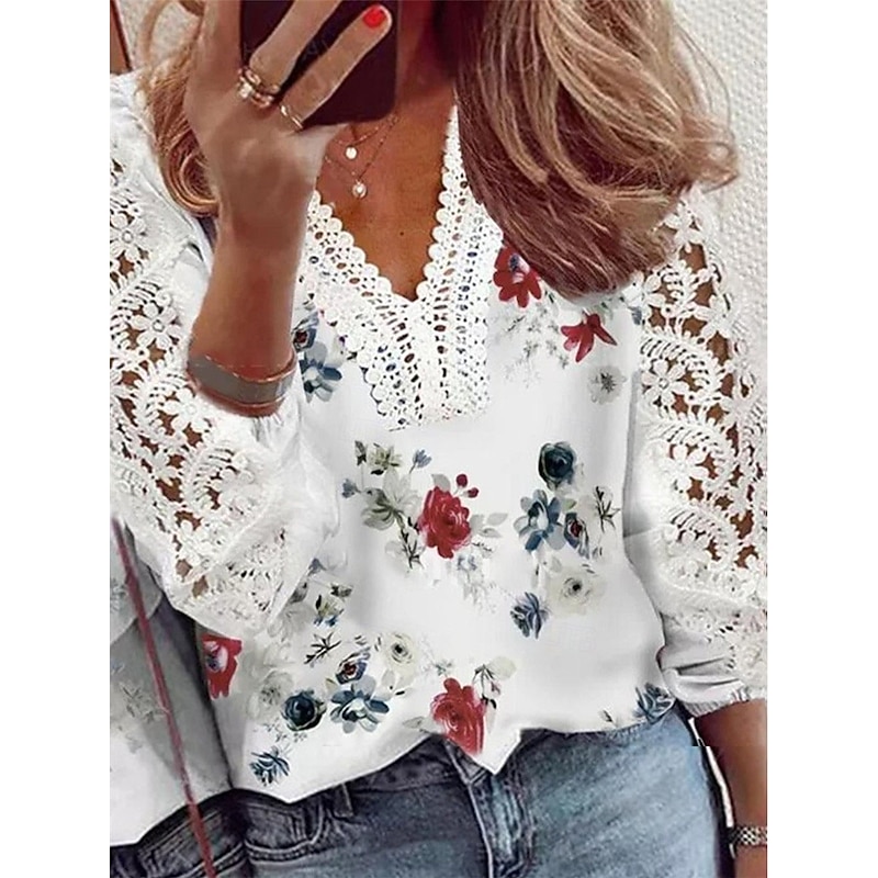 Women's T Shirt Floral Fashion Modern Casual Long Sleeve V Neck Regular Tops Daily Weekend Lace Patchwork Print White Summer Spring Fall