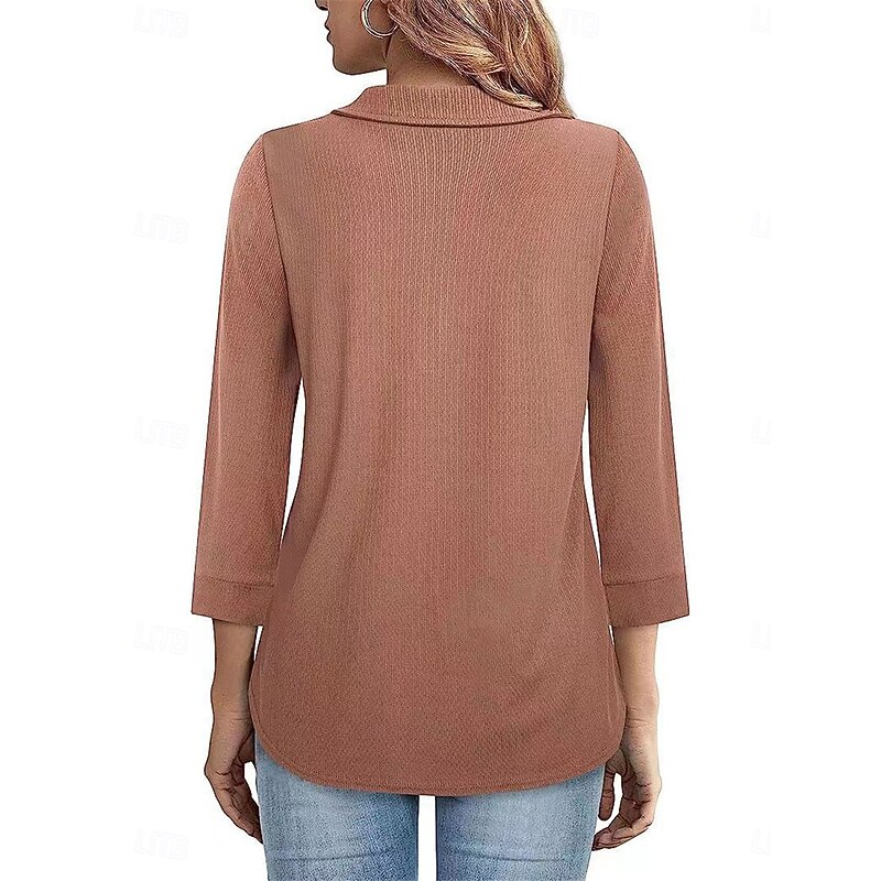 Women's Polo Shirts Solid Color Basic Casual 3/4 Length Sleeve V Neck Regular Tops Daily Patchwork Zipper Black Pink Spring &  Fall3