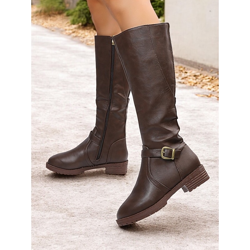 Women's Brown Knee-High Boots with Side Zipper and Buckle Detail, Featuring a Low Block Heel and Durable Design – Perfect for Casual and Outdoor Wear2