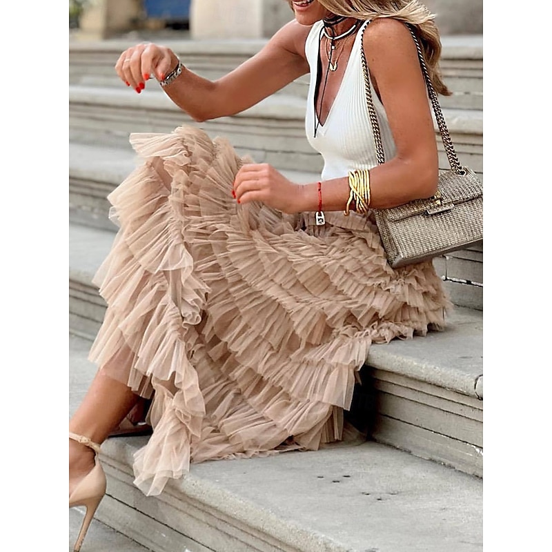 Women's Long Skirt Maxi Skirts Patchwork Solid Colored Vacation Party Spring, Fall, Winter, Summer Elegant Fashion Black Pink Khaki3