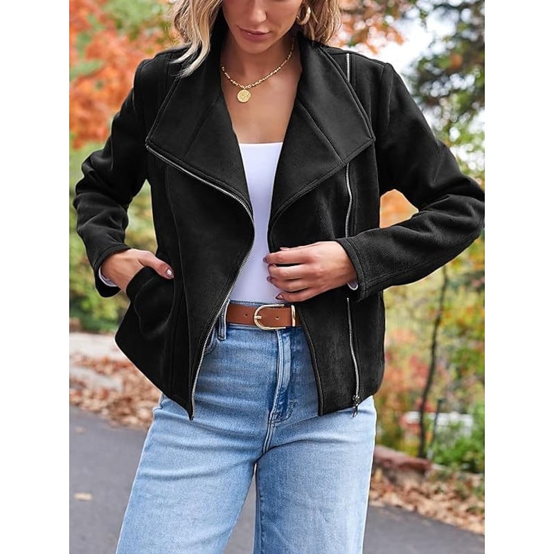 Women's Casual Jacket Warm Comfortable Zipper Casual Minimalism Solid Color Casual Daily Zipper Lapel Regular Fit Long Sleeve Outerwear Black Camel Brown Winter