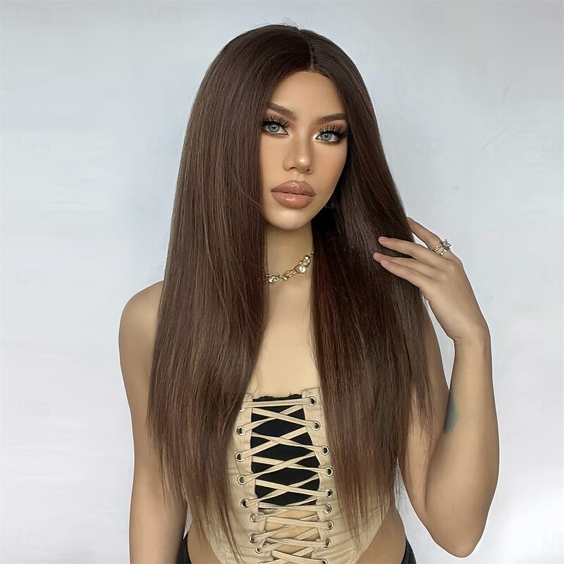 Synthetic Lace Wig Straight Style 26 inch Brown with Golden Highlights Middle Part 13x5x1 Lace Front Wig Women's Wig Light Brown2