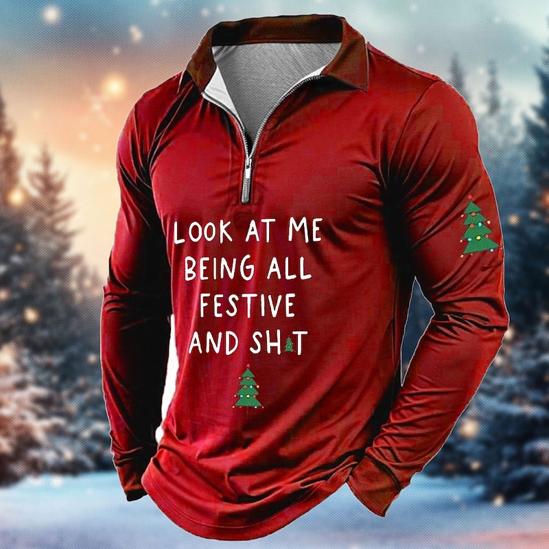 Christmas Men's Christmas Tree Zip Polo Long Sleeve Polo Shirts Collar Vacation Party Evening Wear New Years Eve Shirts 3D Print Spring Fall & Winter Black Red Blue