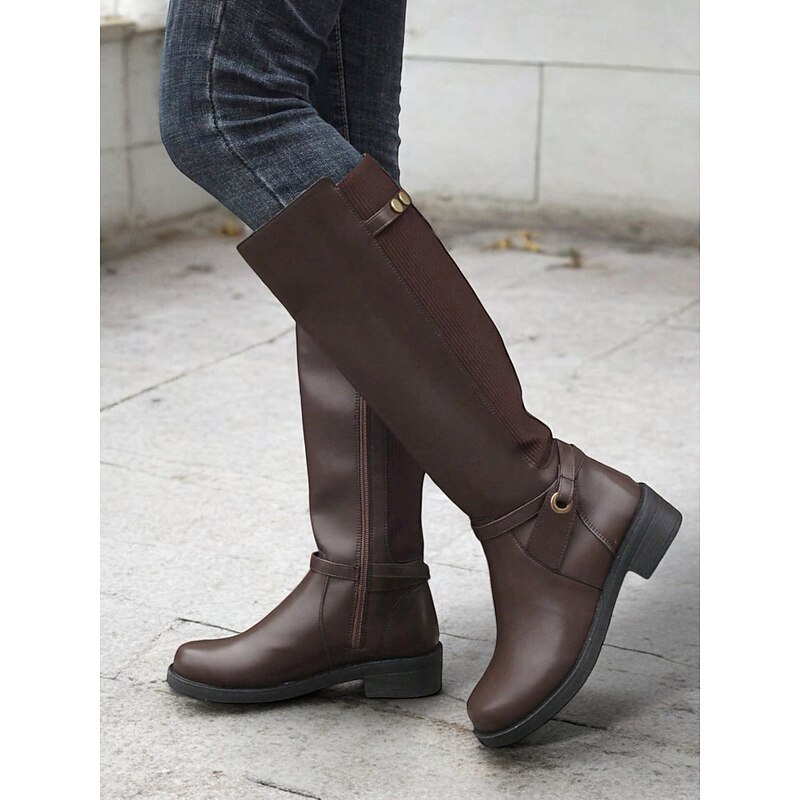 Women's Brown Knee-High Riding Boots with Buckle Detail and Side Zipper – Stylish Equestrian-Inspired Footwear2