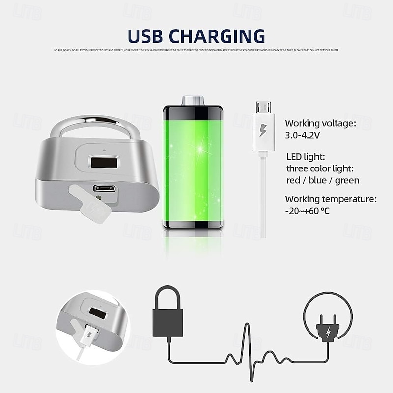 Security Door Lock Smart Keyless USB Rechargeable Fingerprint Padlock for Locker Sports School Zinc Alloy Metal2