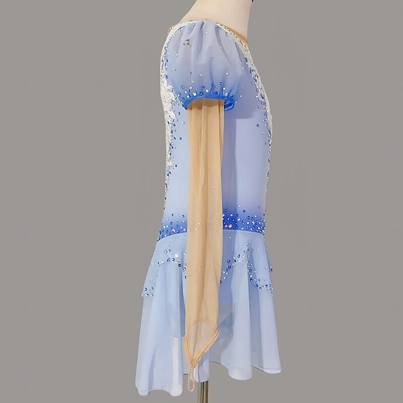 Figure Skating Dress Women's Girls' Ice Skating Dress Blue+Light Blue Thumbhole Halo Dyeing Mesh Spandex Stretchy Training Practice Professional Skating Wear Thermal Warm Classic Crystal / Rhinestone3