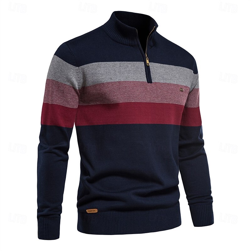 Men's Sweater Pullover Sweater Jumper Knitwear Ribbed Knit Regular Tops Zipper Color Block Turndown Knitwear Neutral Outdoor Clothing Apparel Spring &  Fall Black Navy Blue S M L3