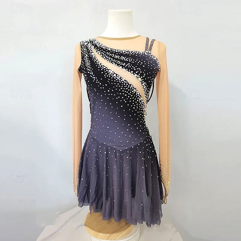 Figure Skating Dress Women's Girls' Ice Skating Dress Dark Grey High Elasticity Training Competition Skating Wear Classic Crystal / Rhinestone Long Sleeve Ice Skating Figure Skating