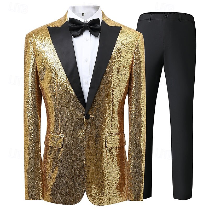 Retro Vintage 1980s Shiny Metallic Pants Tuxedo Suits & Blazers Sequins Slim Fit Fancy Dress Men's Carnival Costume Christmas Halloween Carnival Cocktail Party Theme Party Pride Parade Adults' Coat
