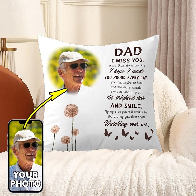 Father's Day Custom Memorial Pillow Cover Photo Cushion Cover Throw Pillow Sympathy Gift Personalized Memorial Gifts Dad I Miss You
