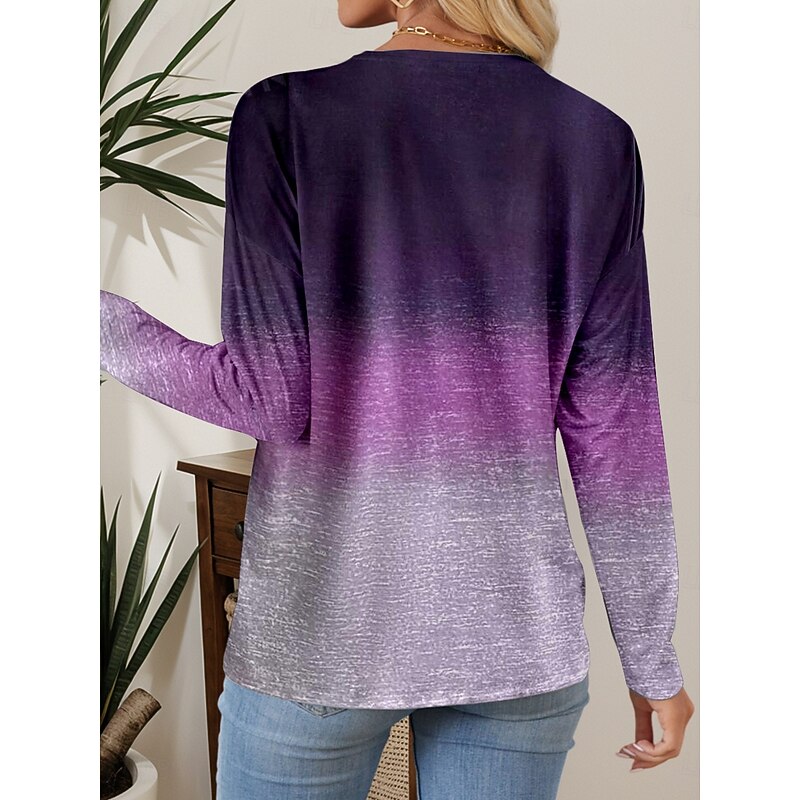 Women's Tunic T Shirt Ombre Stylish Casual Long Sleeve V Neck Regular Tops Daily Buttons Print Purple Spring Fall3