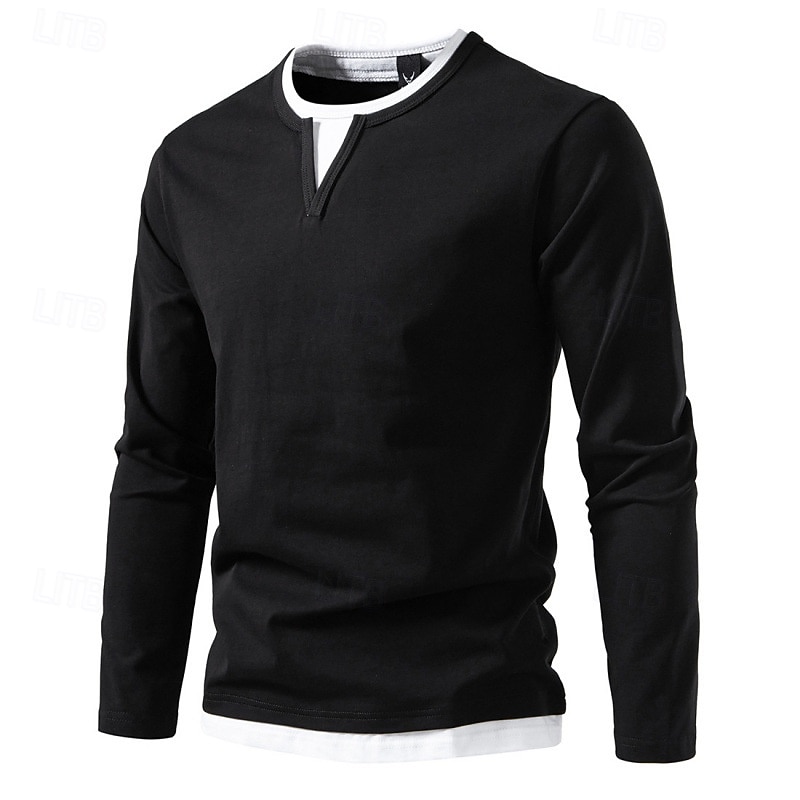 Men's T Shirt Tee Tee Top Long Sleeve Shirt Long Sleeve Crew Neck Spring &  Fall Plain Fashion Designer Basic Fake two piece Vacation Street Going out Dark Grey Black Light Green Top Tee for Men3
