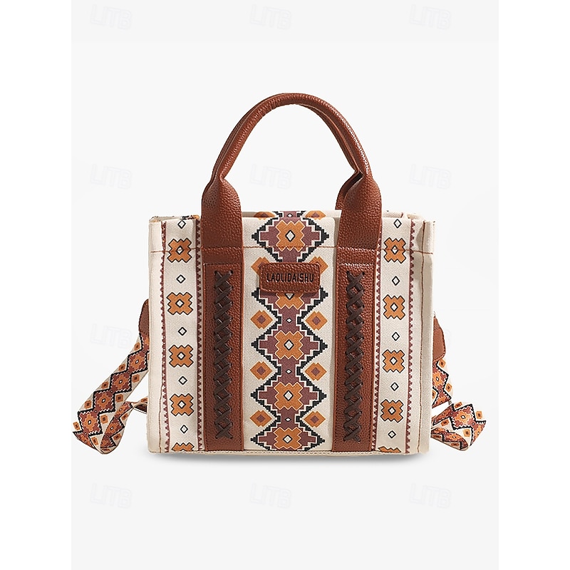 Women's Boho Ethnic Print Tote Bag – Vintage-Inspired Canvas Handbag with Leather Accents, Ideal for Casual Outings and Everyday Use4