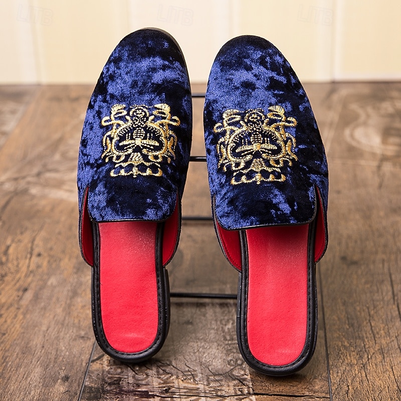 Men's Royal Velvet Embroidered Loafers - Regal Slip-On Slippers with Gold Crown Crest Embellishment2