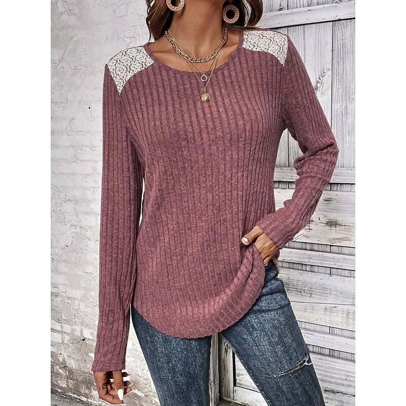 Women's Elegant Lace Tops Eyelet Blouse Casual Solid Color Regular Tops Long Sleeve Crew Neck Lace Patchwork Regular Fit Daily Red Gray Romantic Petite Tops Summer Holiday Wear