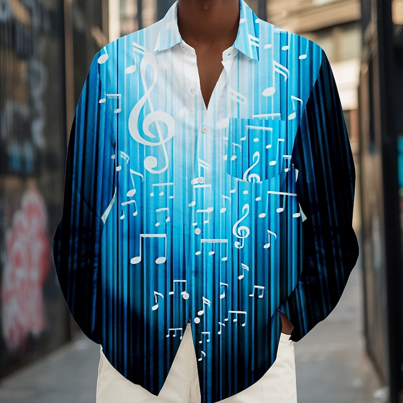 Men's Boardmasters Ombre Musical Notes Shirt Button Up Shirt Long Sleeve Casual Traveling Summer Spring Fall Turndown Pocket Blue