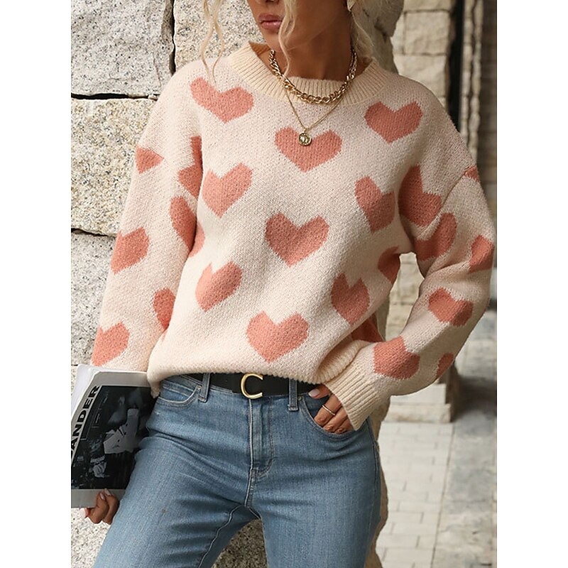 Women's Valentine Sweater Casual Soft Heart Ribbed Crew Neck Knitted Long Sleeve Regular Tops Knit Outdoor Daily Weekend Pink Fall Winter4