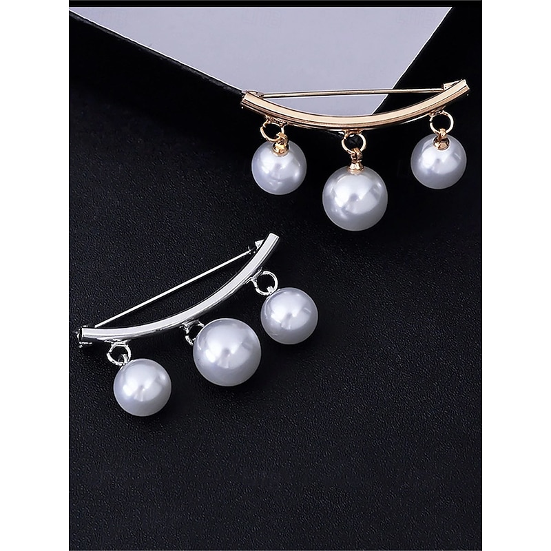 Elegant Pearl Drop Brooch Set with Gold Curved Bar – Triple Pearl Charm Design for Sophisticated and Modern Style4
