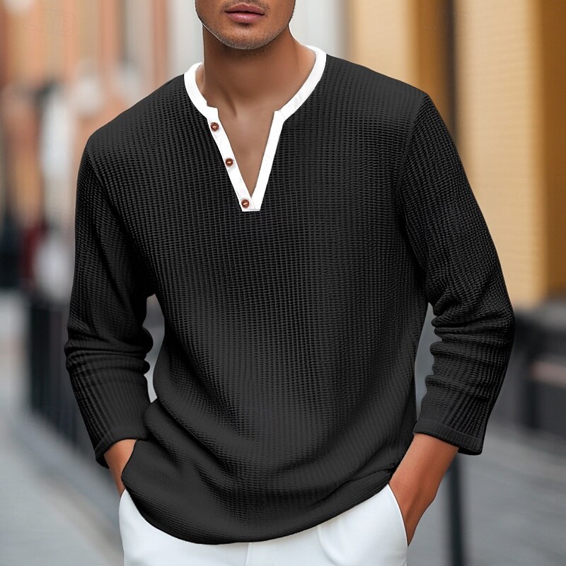 Men's Waffle Henley Shirt Tee Top Long Sleeve Shirt Long Sleeve V Neck Henley Summer Solid Color Fashion Designer Comfortable Buttons Outdoor Casual Daily Black White Blue Top Tee for Men